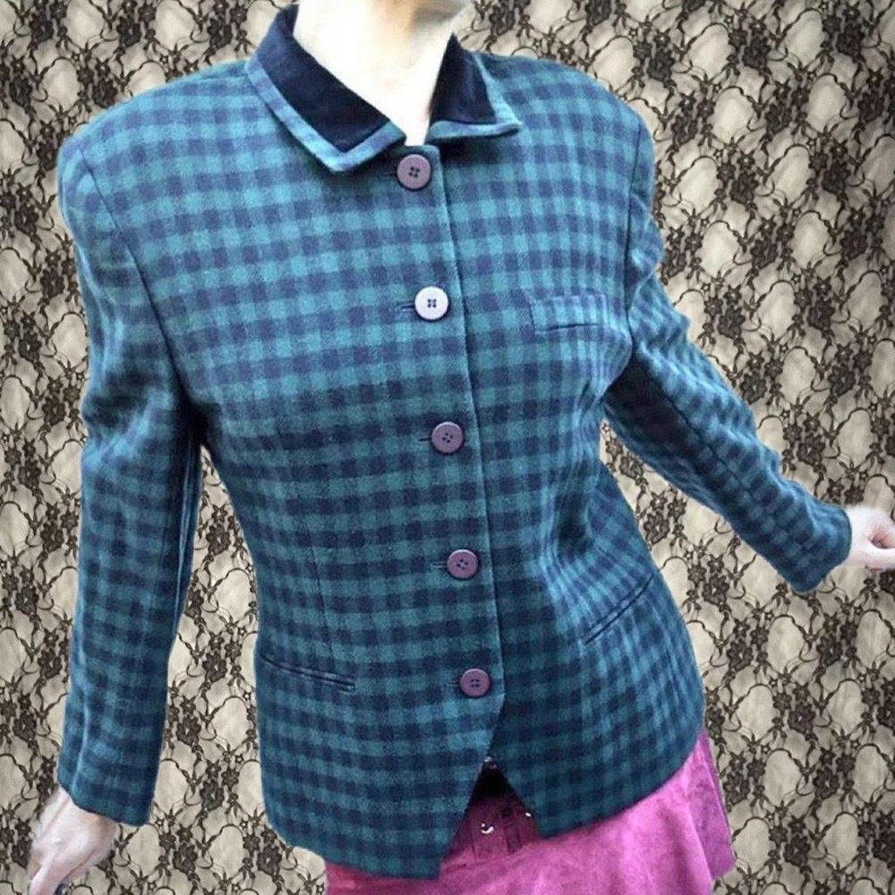vintage checkered wool blazer in blue and green velvet collar jones new york